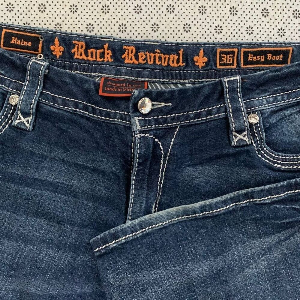 Rock Revival Easy Boot Cut Jeans Womens 36 Rhinestone Embellished Dark Wash